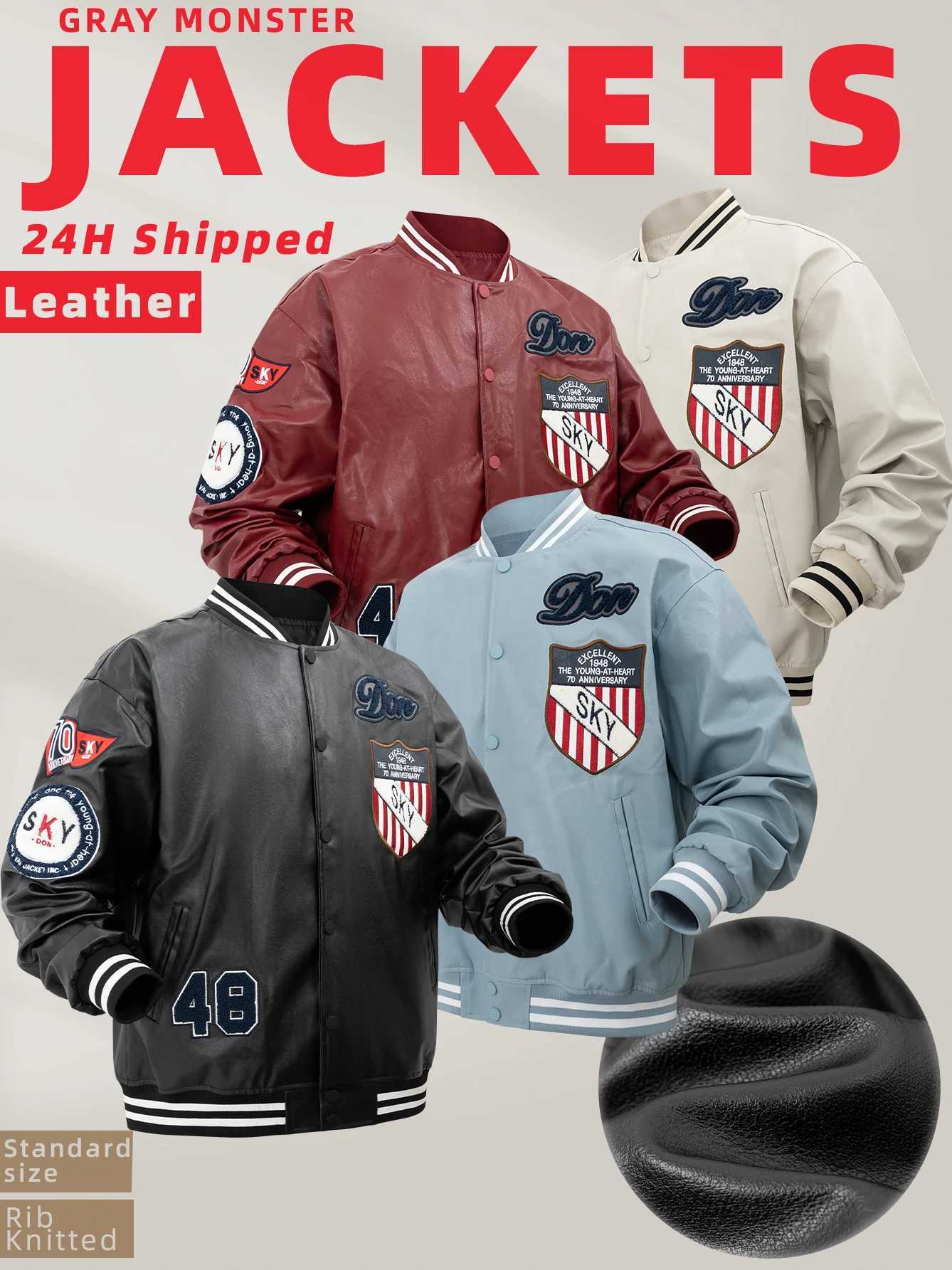 Mens Faux Leather Varsity Jackets With Embroidered Patches Motorcycle Black Windbreaker Bomber Jacket Men for Fall winterT250311
