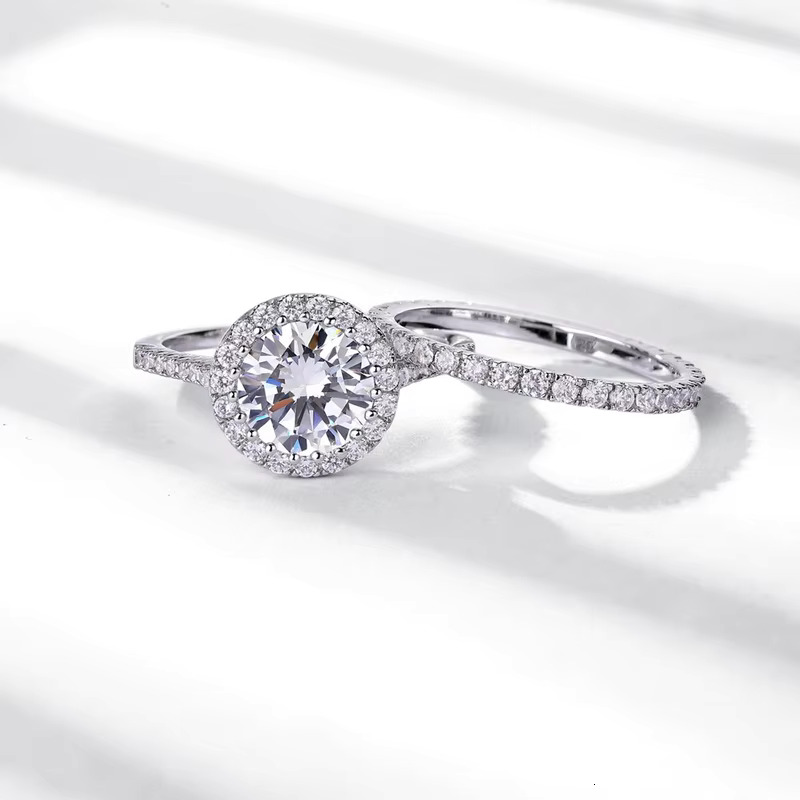 Custom Jewelry White Gold Plated VVS1 GRA 1.5ct 2ct 8mm Moissanite Diamond Wedding Ring Set Jewellery for Couple