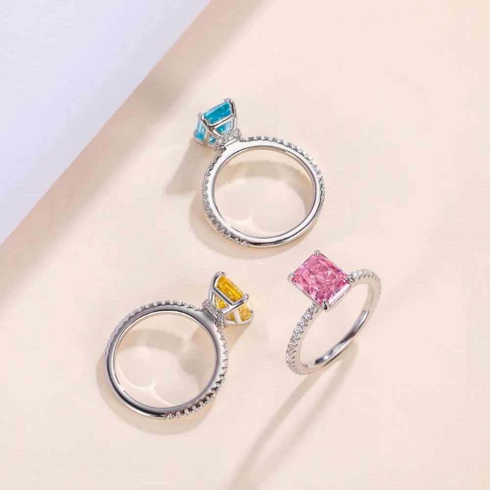 Trumium 3CT 925 Sterling Silver Pink Rectangle Ice Cut 8A Zirconia Rings for Women Gem Engagement Wedding Fine Jewelry Wholesale 250311