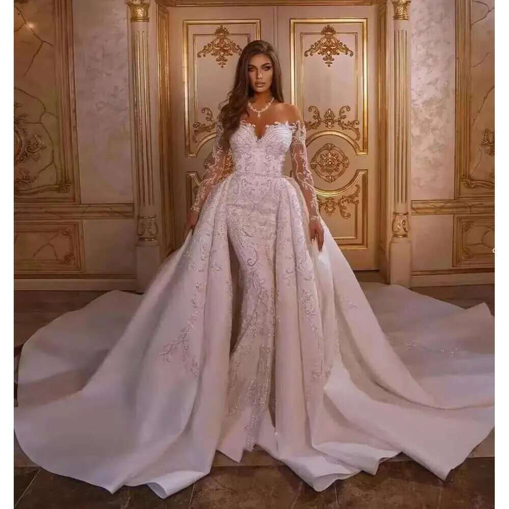 Mermaid Wedding Dresses With Detachable Skirt Appliqued Arabic Trumpet Bridal Gowns Long Sleeves Bohemian Robe De BC
