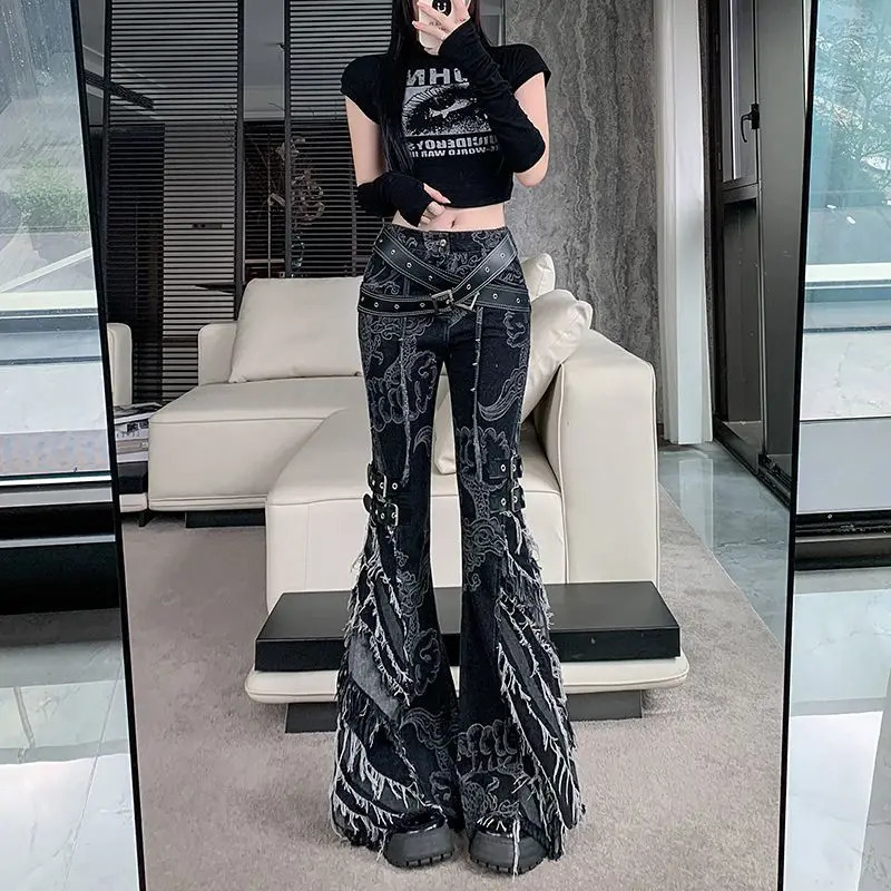 Punk Black Print Gothic Flare Jeans Women Low Rise Vintage Denim Pants Dark Academia Y2k Japanese Streetwear Goth Trousers 250306
