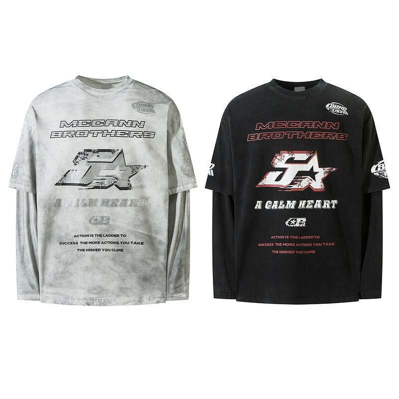 American Style Washed Old And Spray Dirty Craftsmanship, Niche Design, Fake Two Star Letter Long Sleeved T-Shirt For Men