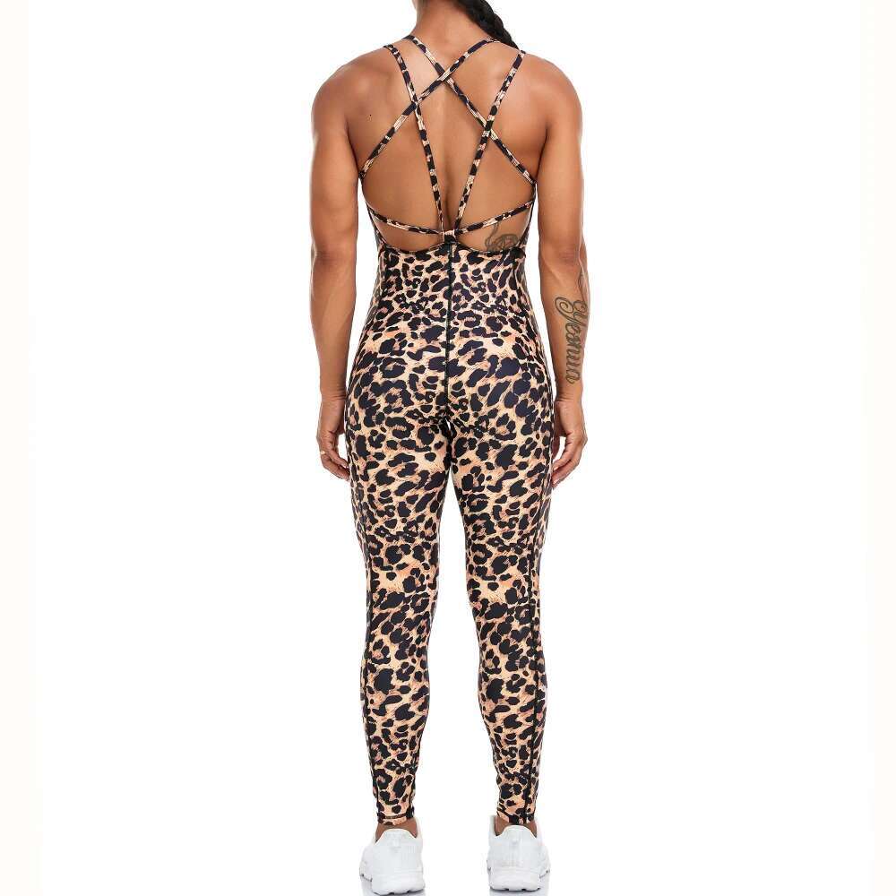 Sleeveless Leopard Print Bodysuit Women Sexy Backless Jumpsuit Long Pants Fiess Yoga Sports Suit Casual Clothes Female New In