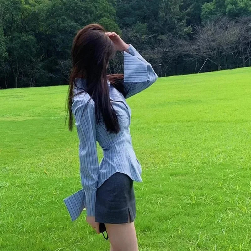 Long sleeved slim striped shirt top pure desire womens waist fit weight loss paradigm blue casual clothing 250311