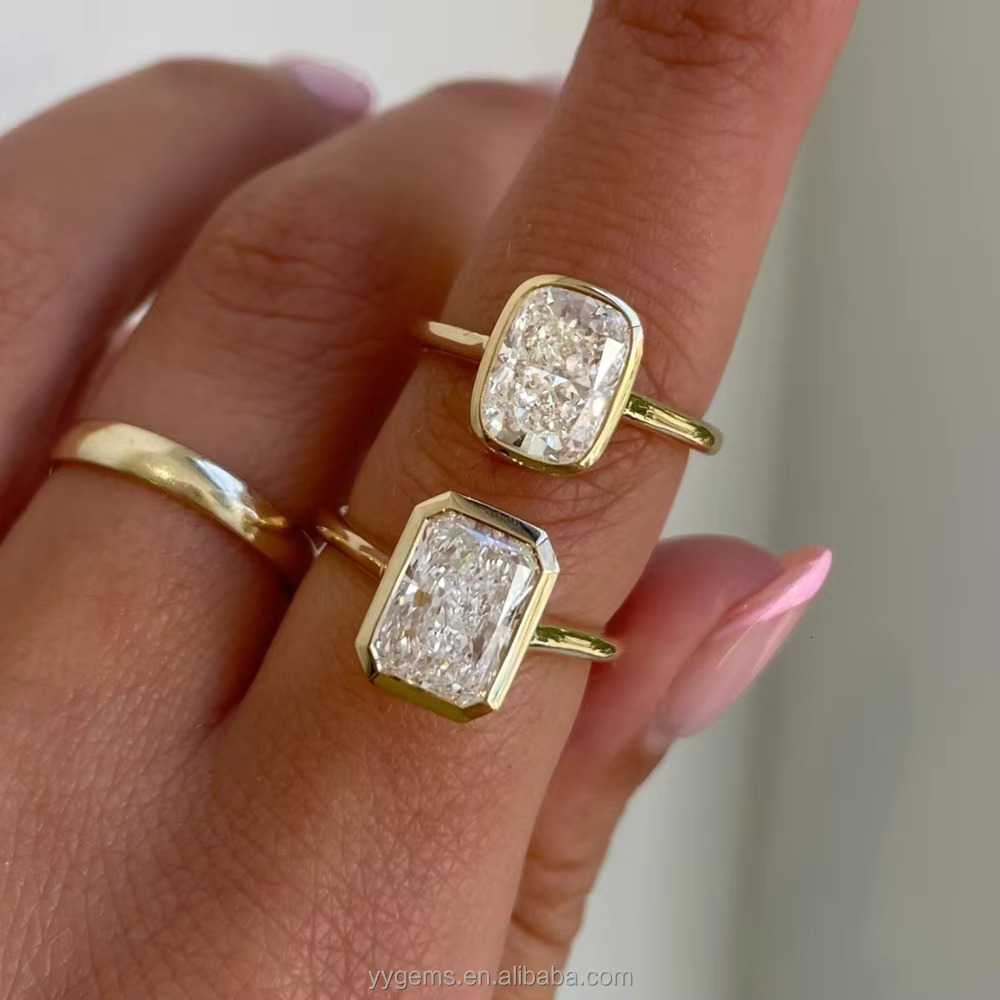 Customization Bezel Ring GRA Moissanite 14K Yellow Solid Gold Fashion Design Jewelry Wedding Ring Women Fine Rings