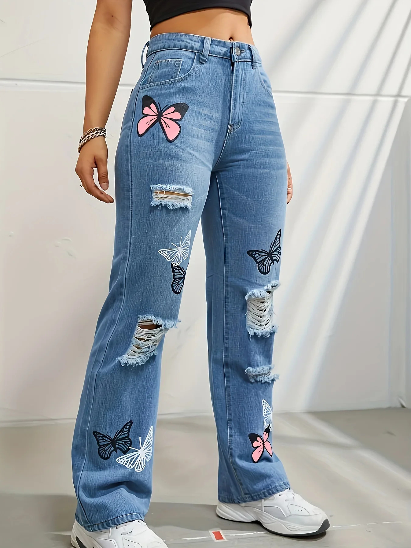 Spring Summer HighWaisted StraightLeg Denim Jeans With Butterfly Printing And Color Blocking For Women Fashionable Tre 250311