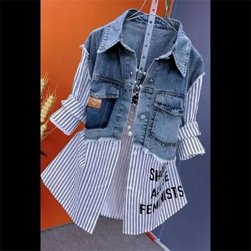 Fake Two Denim Shirts Women's Early Spring 2025 Korean Version Of Casual Western Style Joker Ing Letter Striped Top