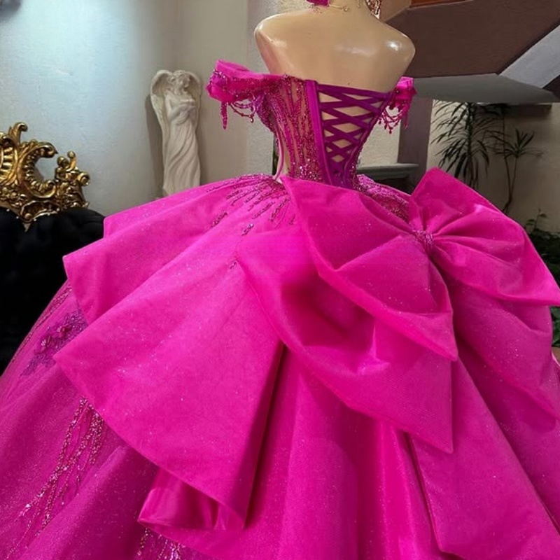 Rose Red Shiny Quinceanera Dresses Ball Gown Off The Shoulder Beading Crystal Bow Tull Party Birthday Sweet 16 Dress Vestidos 15 De Anos