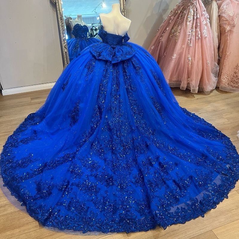Luxury Mexican Royal Blue Shiny Quinceanera Dressess Off The Shoulder Applique Lace Bow Beads Tull vestido 15 De Corset Lace Up Sweet 16 Dress
