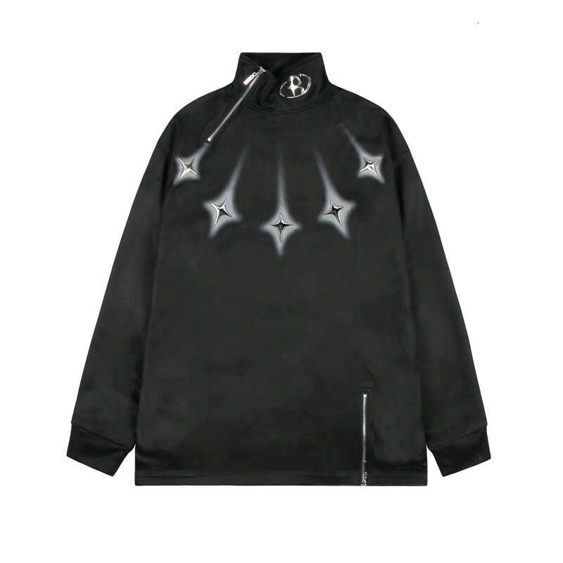 American Style Brand Design With Zipper Decoration, High Neck Hoodie For Men, Hip-Hop, Loose Fitting Trendy Brand, Explosive Street Suede Top