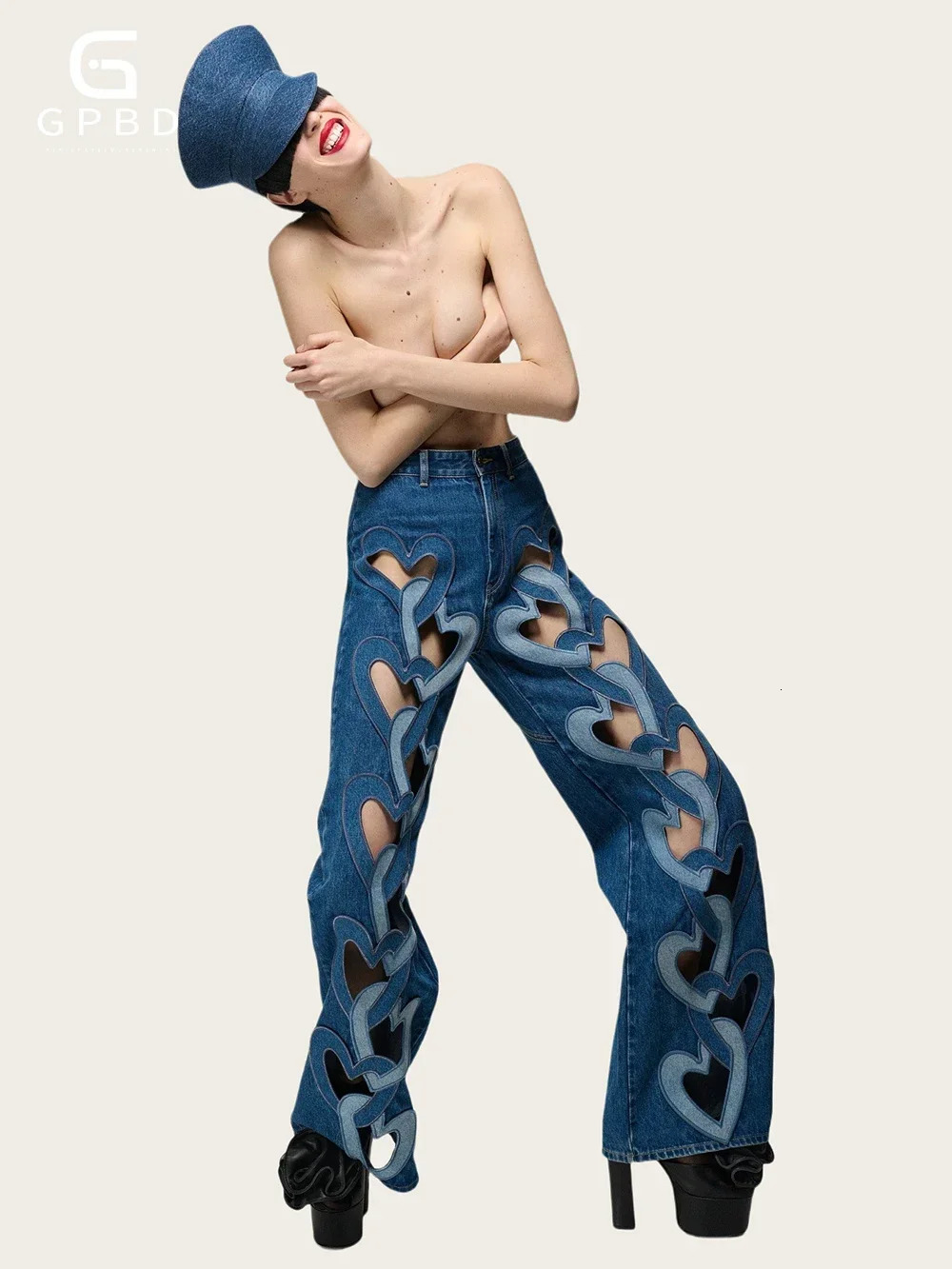 GPBD Fashion Women Jeans High Waist Heart Connectivity Contrast Color Hollow Out Straight Denim Pants 250311
