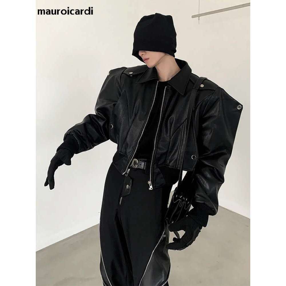 Men's Leather Jacket Mauroicardi Spring Autumn Cool Handsome Short Oversized Black Pu Leather Jacket Men With Shoulder Pads Long Sleeve Zipper
