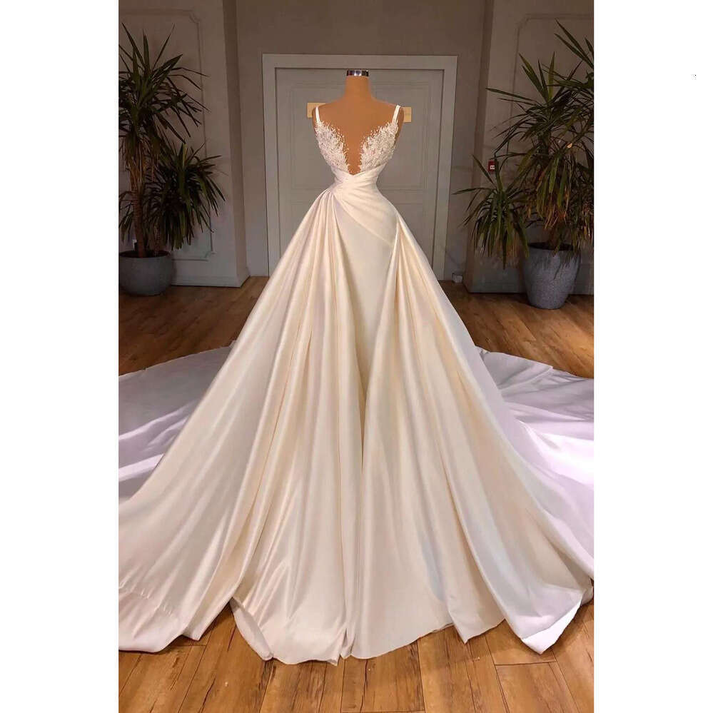White Modern Ivory Satin Wedding Dresses Sheer Jewel Neck Sleeveless A E Appliques Beads Bridal Gowns Formal Robes De Mariage BC