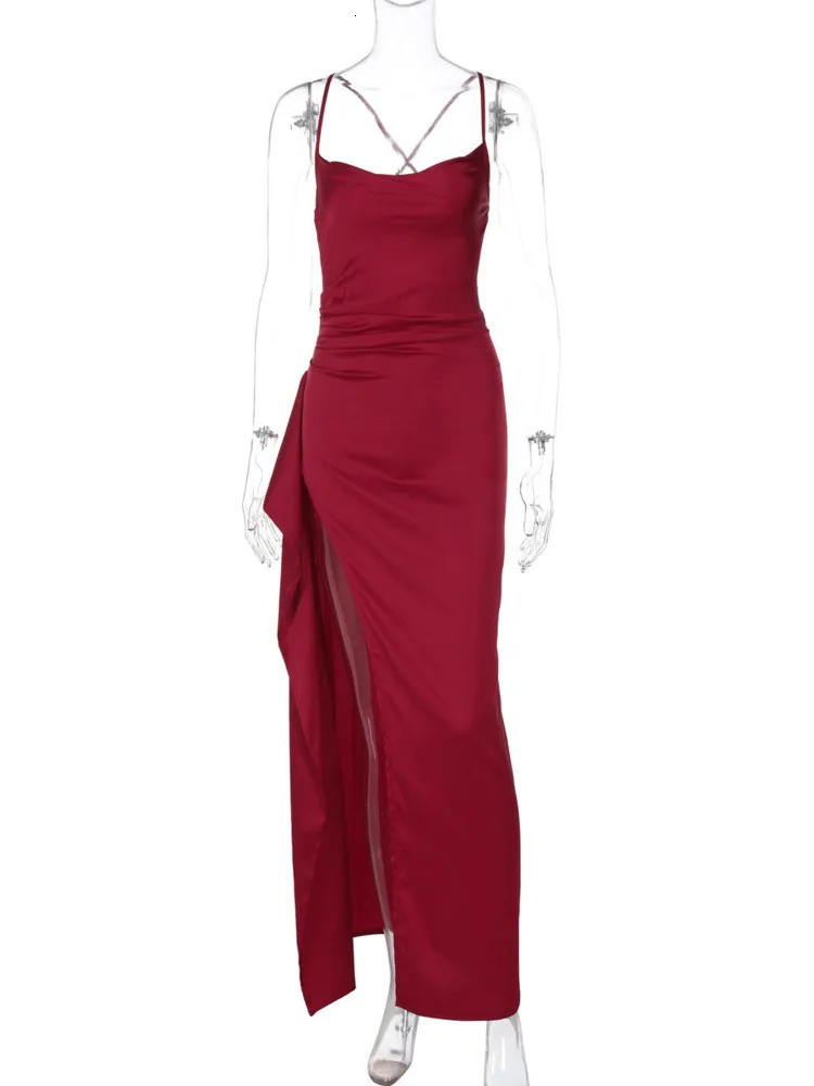 Mozision Italian spaghetti shoulder strap high split sexy long dress for women elegant satin high elasticity backless club party dress 250306