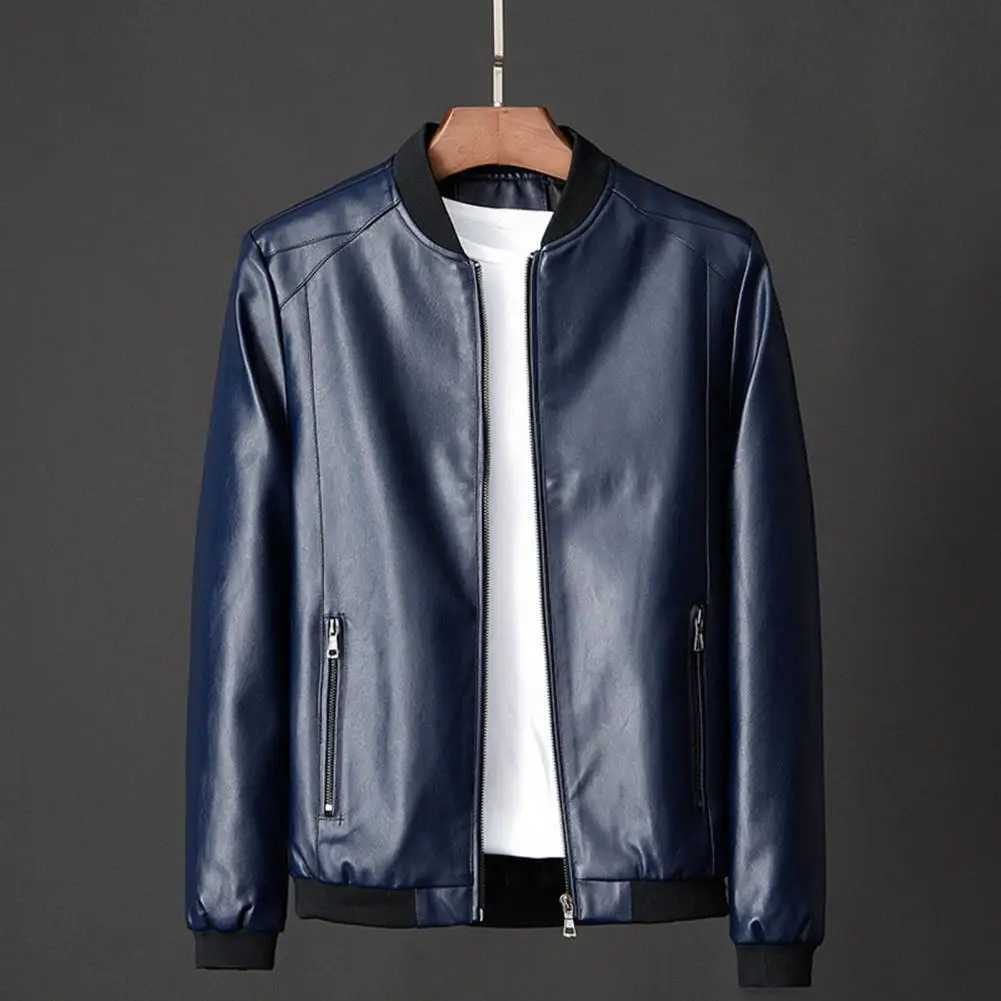 Men Motorcycle Jacket Faux Leather Stand Collar Zipper Closure Mens Moto Biker Leather Coat Autumn Men Outerwear 2023 Men JacketT250311