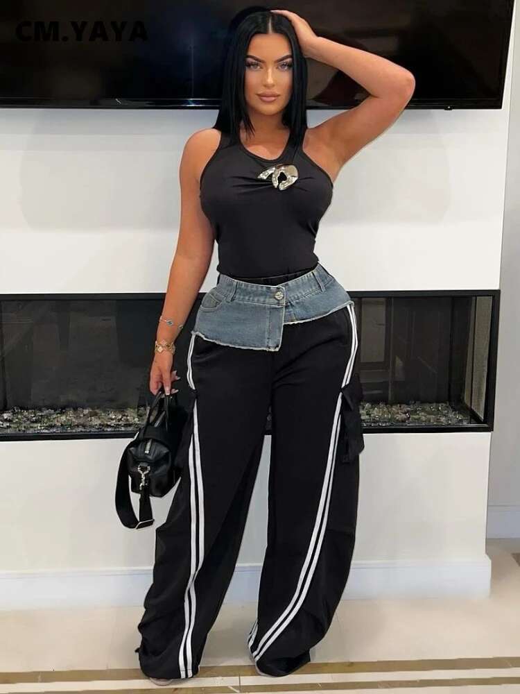 Cm.Yaya Fashion Women Denim Patchwork Pocket Side Wide Leg Loose Jogger Pants 2024 Active Jean Splicing Sweatpants Trousers