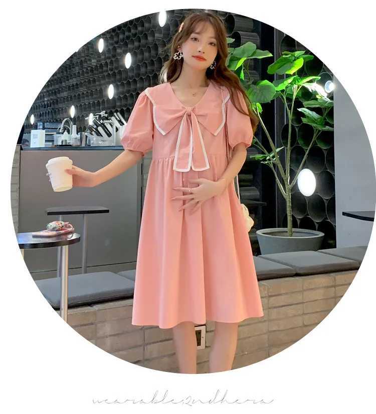 2024 Summer Maternity Dress Sweet Bow Big Lapel Clothes for Pregnant Women Fashion Short Sleeve A Line Loose Pregnancy DressesT250311