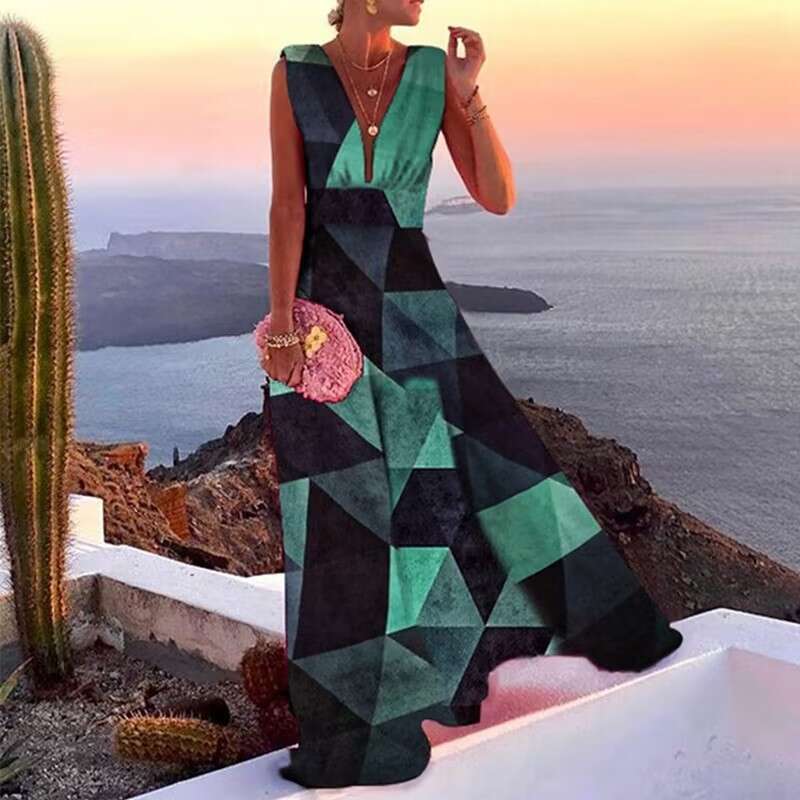 2025 Spring/Summer New High Waist V-Neck Sleeveless Printed Long Skirt Big Swing Dress 661 KLMY