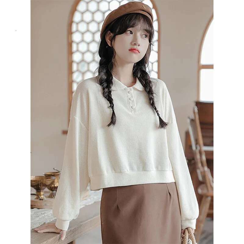 Femme Spring Summer Fashion Simplicity Button Solid Color Turn-Down Collar Sweatshirts All-Match Young Style Loose Long Sleeve