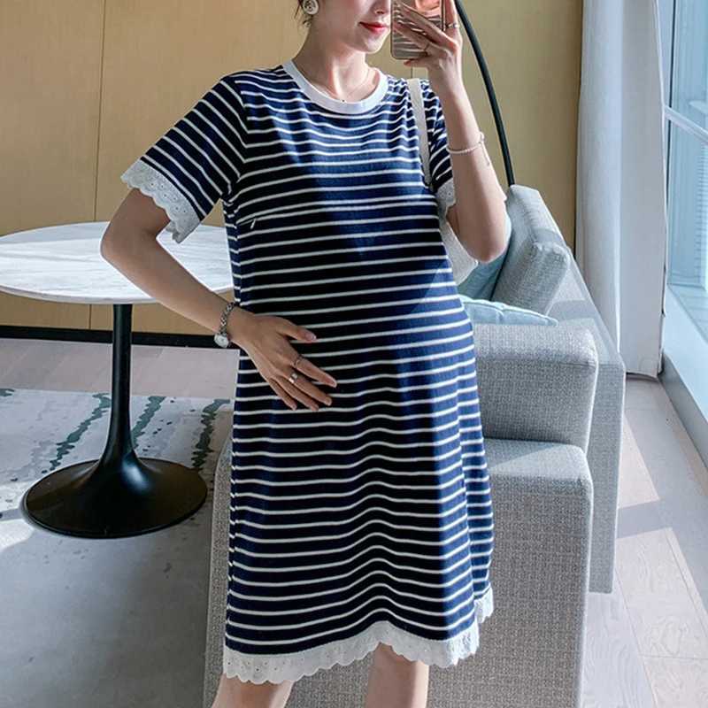 Maternity Summer Striped Nursing Dress Clothes Cotton Long Sleeve Loose Stylish Slimming Dress for Pregnant Women Mom DressT250311