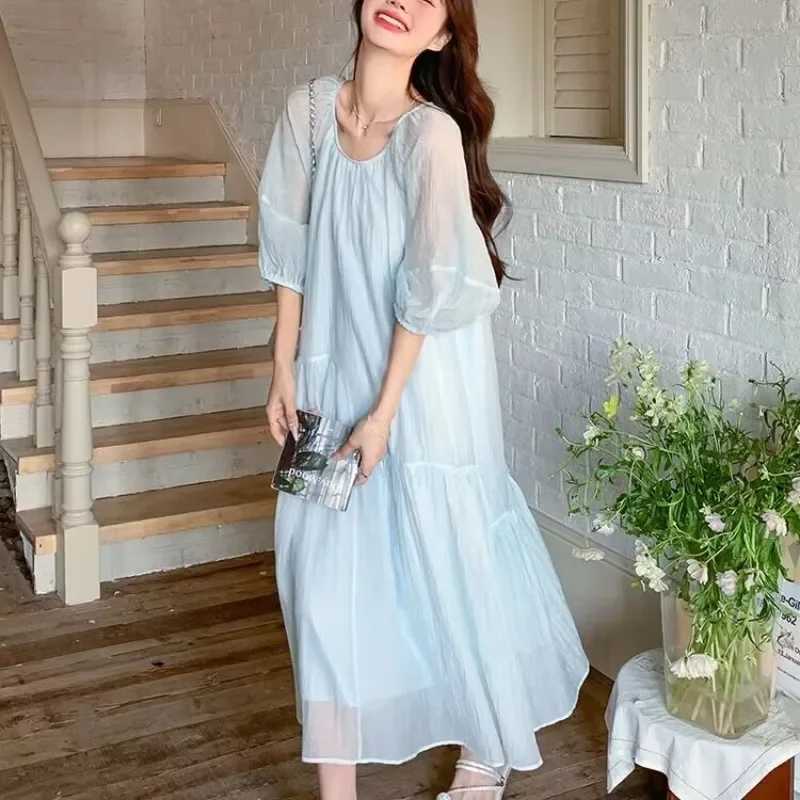 French Style Pregnant Woman Beach Dress Puff Sleeve Long Loose Maternity Sweet Holiday Dress Plus Size Ball Gown Chiffon DressesT250311