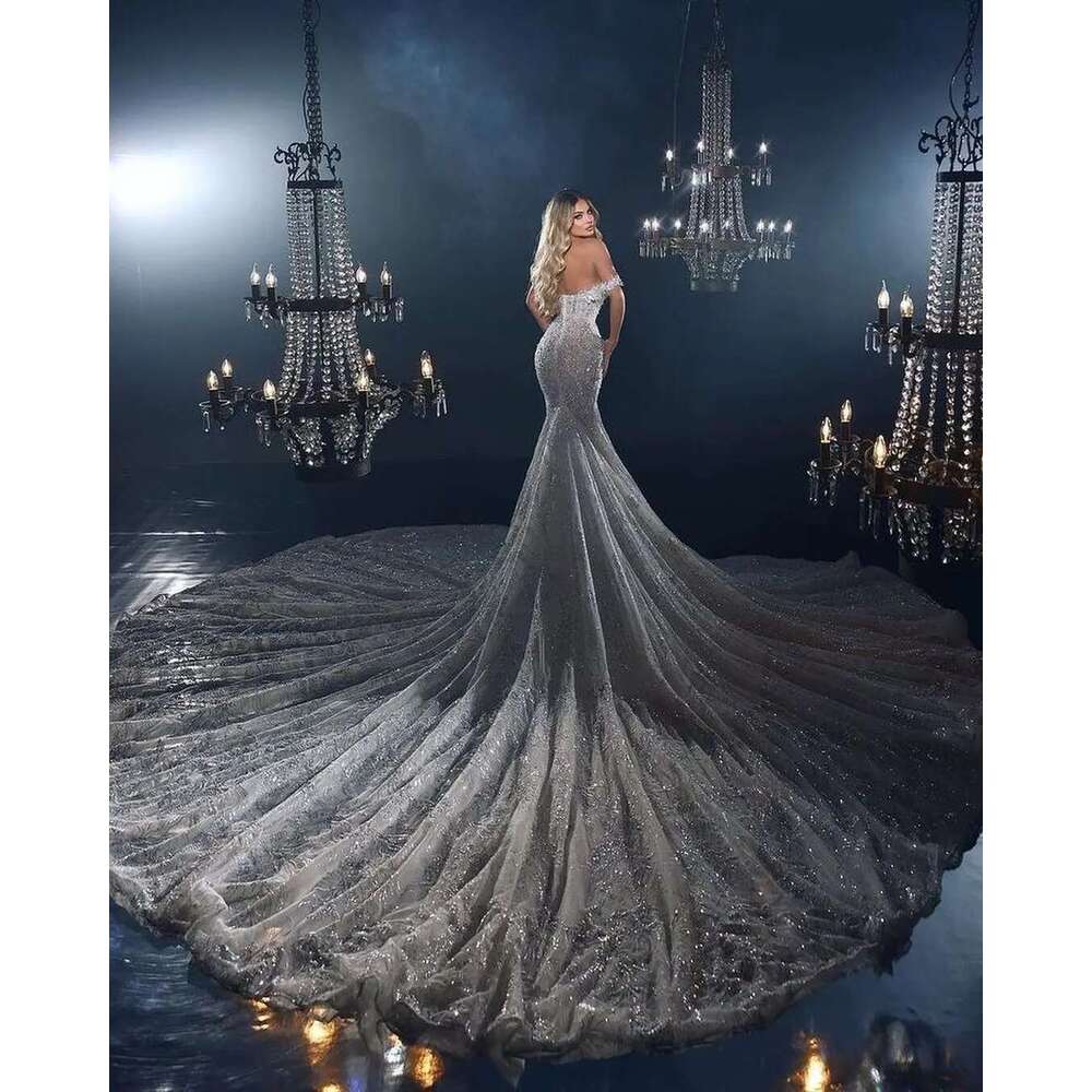 Exquisite Arabic Ace Ebi Mermaid White Off Shoulder Lace Worship Long Train Bridal Dresses Dress