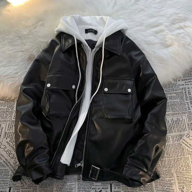Pu Leather Mens Leather Jacket Street Fashion Hip Hop Vintage Hooded Leather Jacket Men Clothing Loose Casual Mens Jacket TopsT250311
