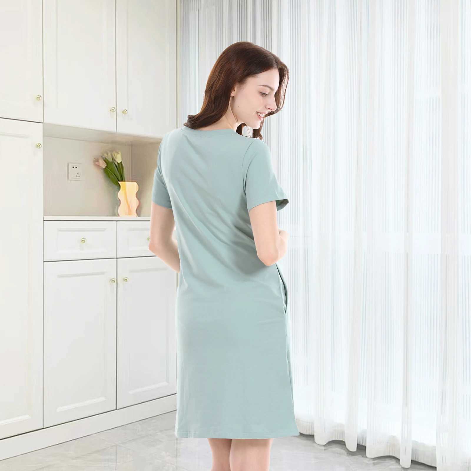 2025 Summer Womens Nursing Dress Summer Short Sleeve V-neck Maternity Breastfeeding Knee Length Dress with PocketT250311