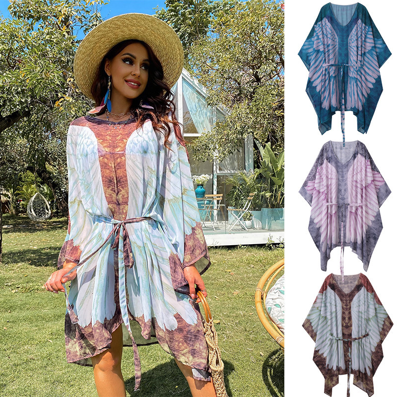 Beach Sun Protection Clothing With Loose Printed Angel Wings, Knitted Bikini, And Beach Cover