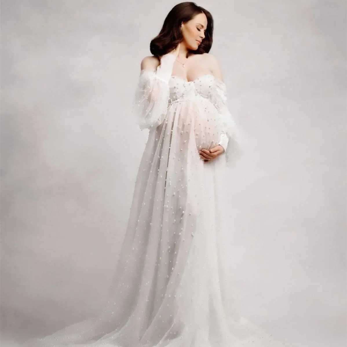 Shining Photo Pregnant Women Dress Photo Studio Shoot Soft Net Nail Beads Tie Fairy Pregnancy Flavor Mommy Long Dress X250224