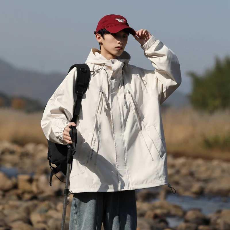 Autumn Jacket Mens Fashion Hooded Windproof Waterproof Couple Outdoor Camping Solid Color Pocket Casual Jacket Large Size L-9XLT250311