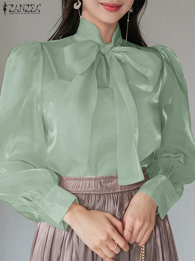 ZANZEA Organza Women Blouses Elegant Office Lady Bowtie Neck Lantern Sleeve Blusas Mujer Fashionable See-through Sheer Tops 250310