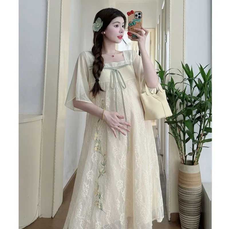 2024 Summer Fashion Square Collar Maternity Dress Chinese Style Short Sleeve Dress Loose Outing Pregnant Womens Skirts LF905T250311