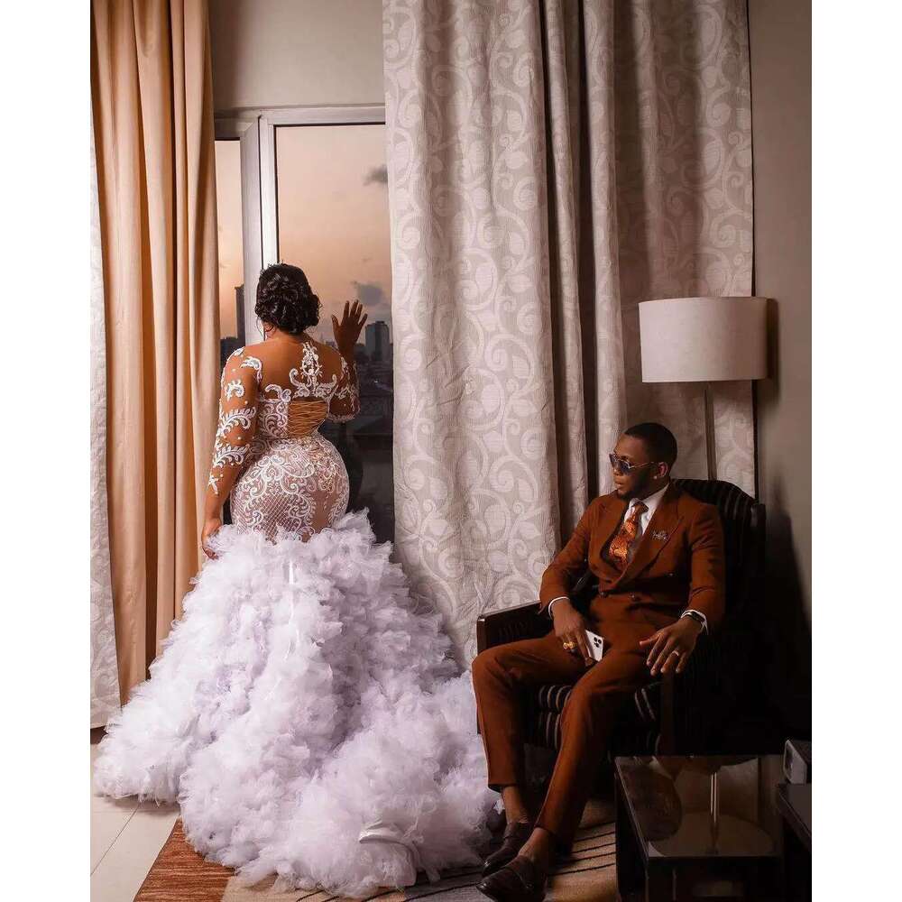 o The neck mermaid dresses female plus size full sleeve lace layered ruffled wedding dress