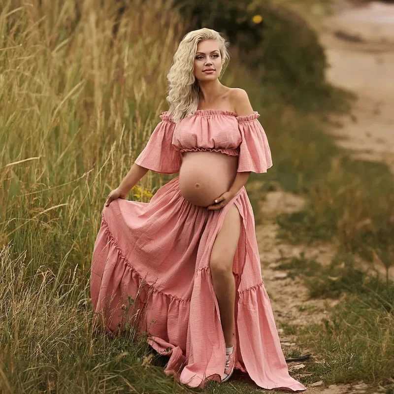 Womens Boho Two-Pieces Dress Muslin Vintage Top and Skirt Dress for The Maternity Photo Props Pregnancy X250224