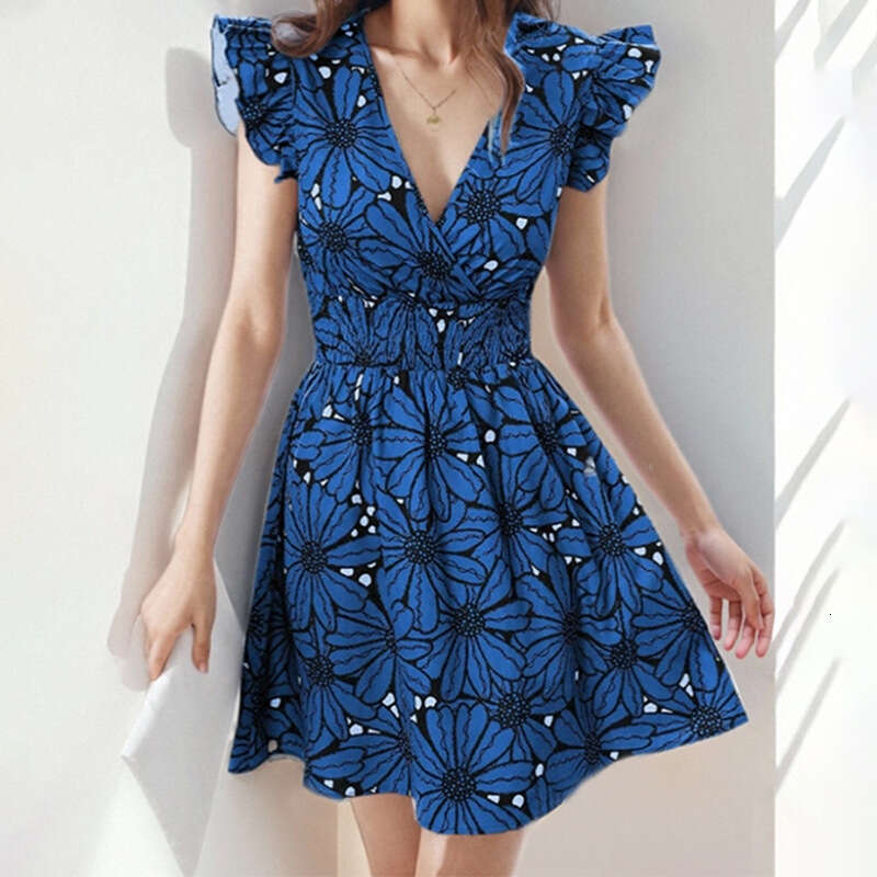 2025 Spring New Women's V-Neck Waist Collection Sexy Ruffle Printed French Dress KLMY