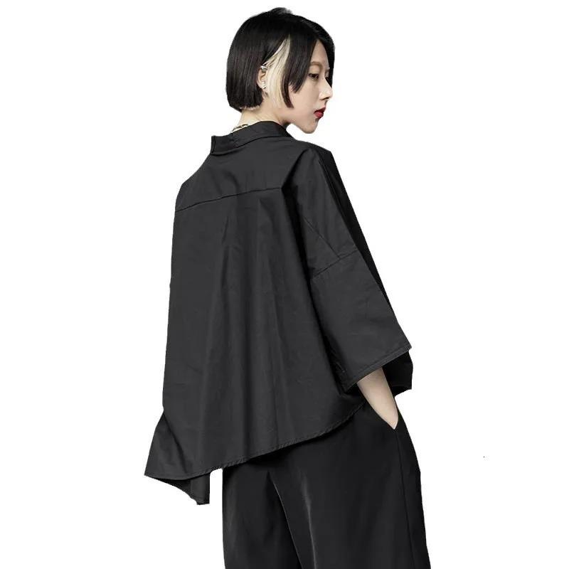 Women Men Shirt Three Quarter Sleeve Blouse Irregular Hem Singlebreasted Solid Color Korean Loose Lapel Summer Spring Top 250311