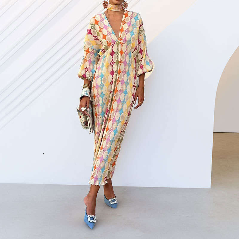 2025 Spring Women's Style Printed V-Neck High Waisted Lantern Long Sleeved Dress KLMY