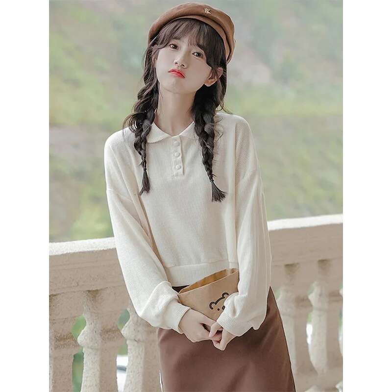 Femme Spring Summer Fashion Simplicity Button Solid Color Turn-Down Collar Sweatshirts All-Match Young Style Loose Long Sleeve