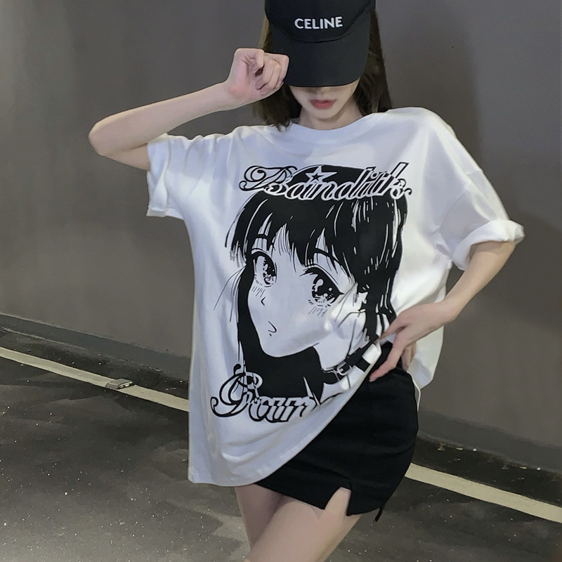 2025 summer new white oversized loose cotton short sleeved designer women's T-shirt trendy brand printed medium to long length top1