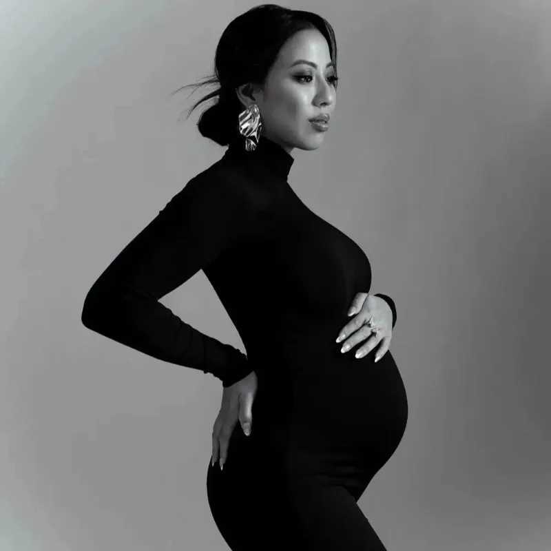 Maternity Long Sleeve Dresses For Photo Shoot Pleated Blouson Midi Dress Women Party Pregnant Baby Shower ClothesT250311