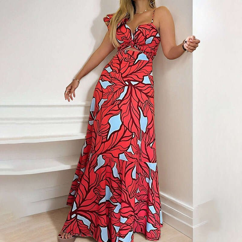 Women's 2025 New Style Elegant Sexy Printed High Waisted Long Skirt With Suspender And Hollow Out Dress KLMY