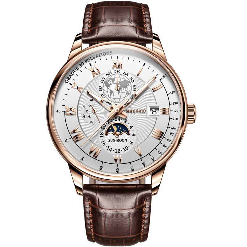 Stylish and Trendy Mens Watch with Three Eye Calendar Starry Sky Moon Design and Leather Belt Perfect for Fashionable Men