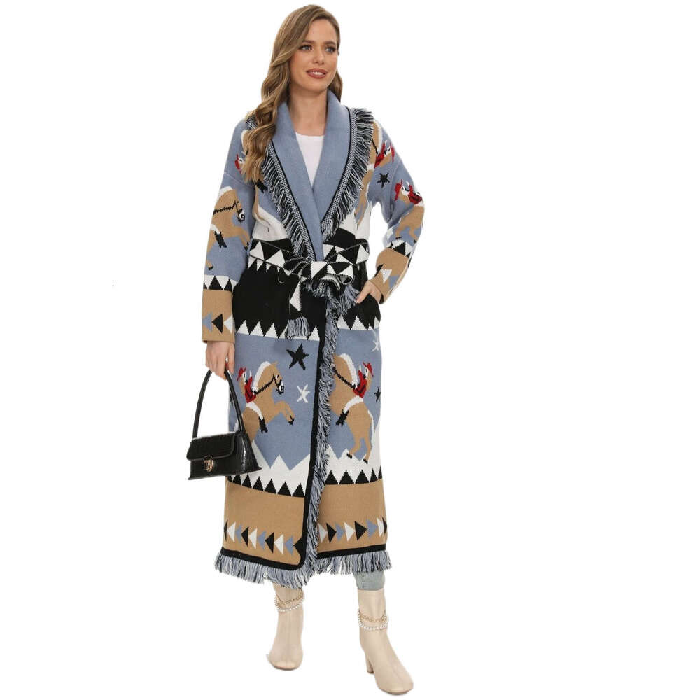 Autumn And Winter Extended Riding Jacquard Sweater Cardigan With Thick Tassel Wool Long Jacket
