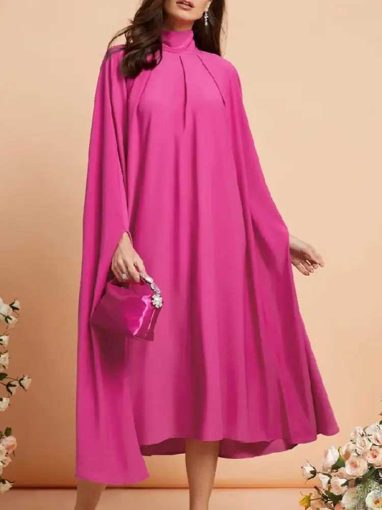 Missuoo Solid Color Elegant Evening Party Dresses for Women 2024 Spring New High Neck Batwing Sleeves Pleated Caped DressT250311
