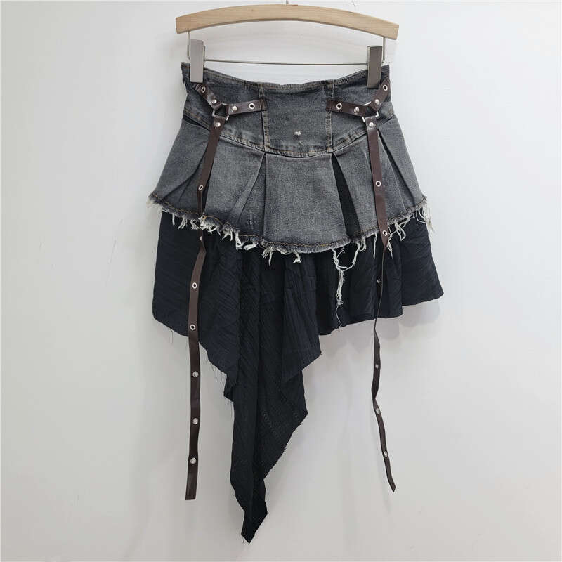 Splicing Denim Pleated Midi For Women's Autumn New Style Temperament Spicy Girl Fashionable High Waist Slimming A-Line Short Skirt