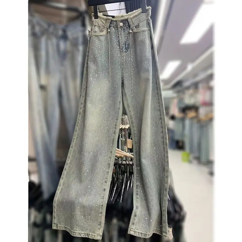 Heavy Embroidery Drilling Starry Raw Hem High Waist Jeans Womens Summer Thin Loose Fashion Mop Wide Leg Pants 250306
