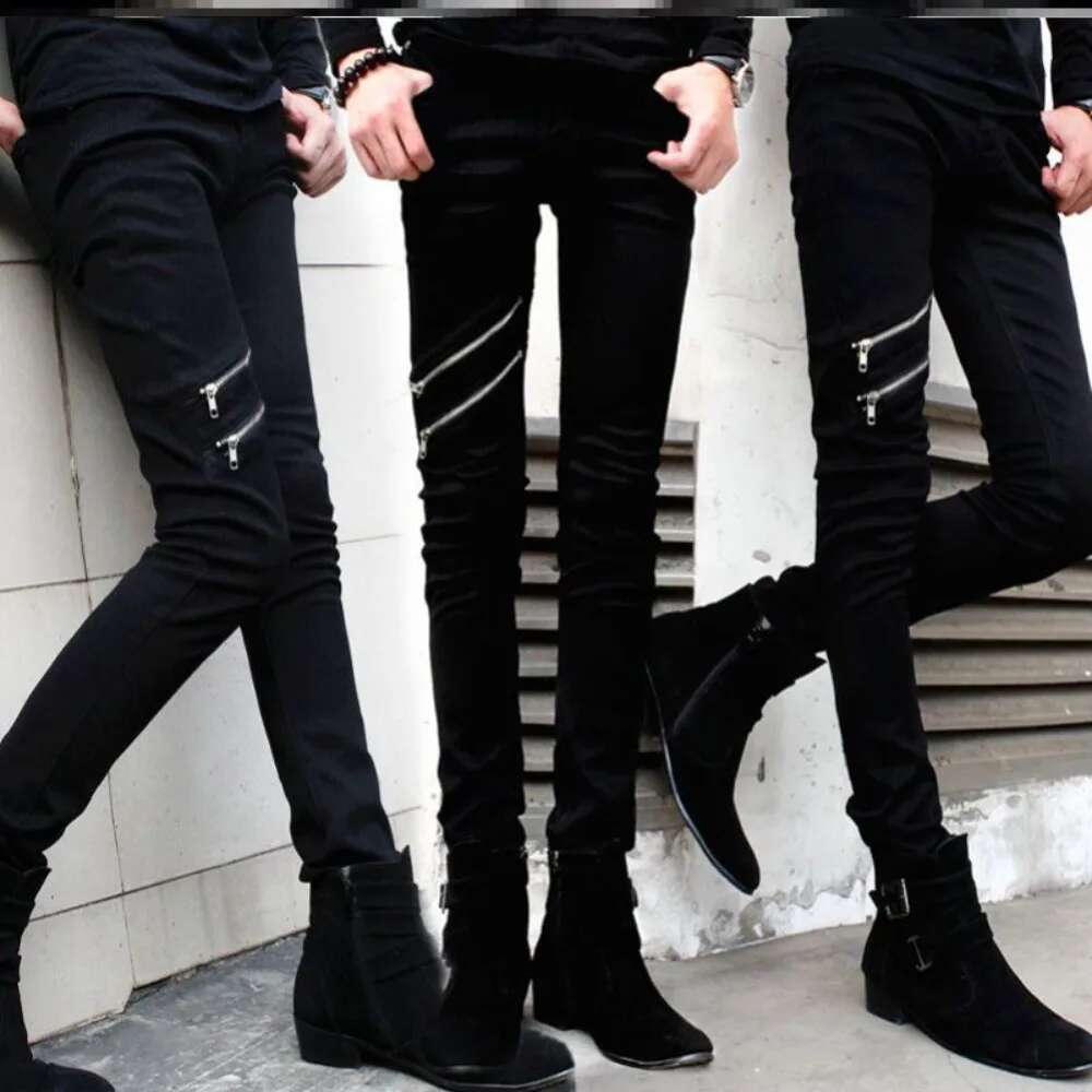 2025 Men s Pants New Casual Zipper Designer Men s Jeans Denim Pants New Trend Fashionable Black Slim Fit Elastic Pencil Pants Men s Style