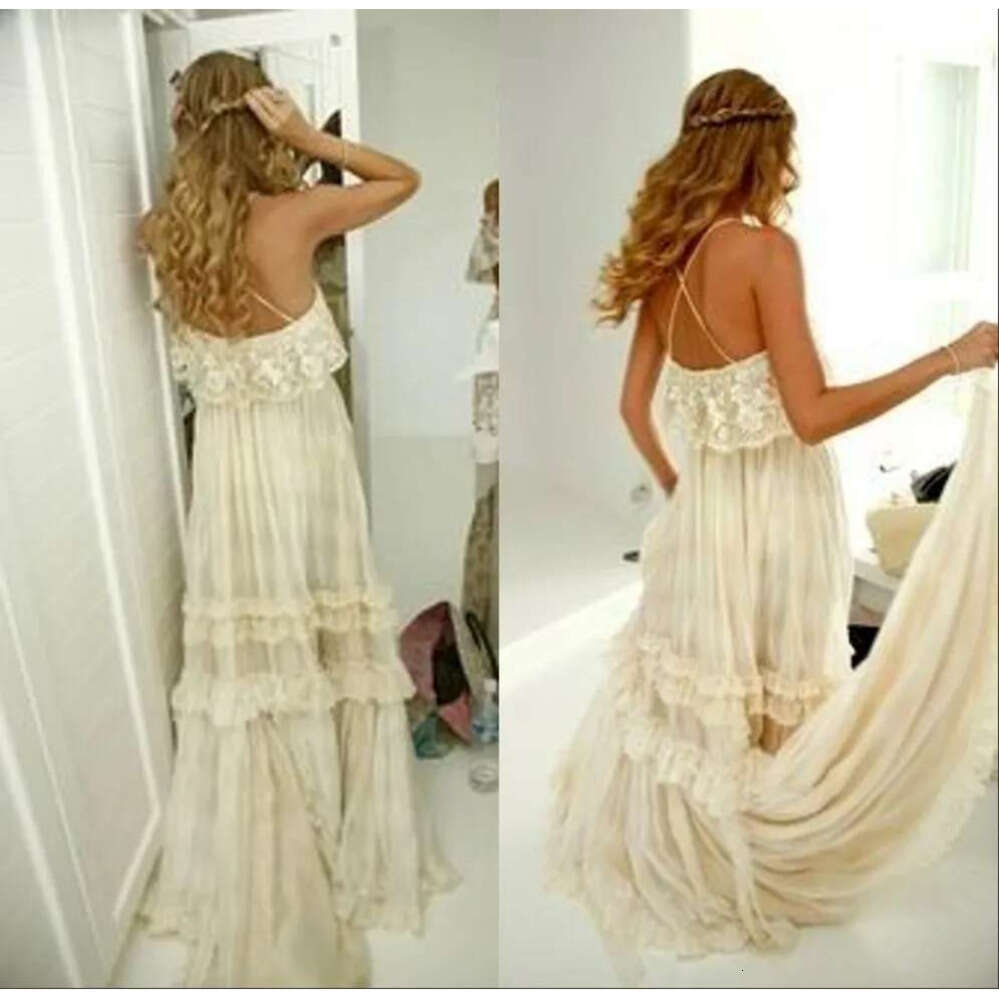 Vintage Style Boho Beach Wedding Dresses Sexy Spaghetti Straps Tiered Lace Chiffon A E Bridal Gowns
