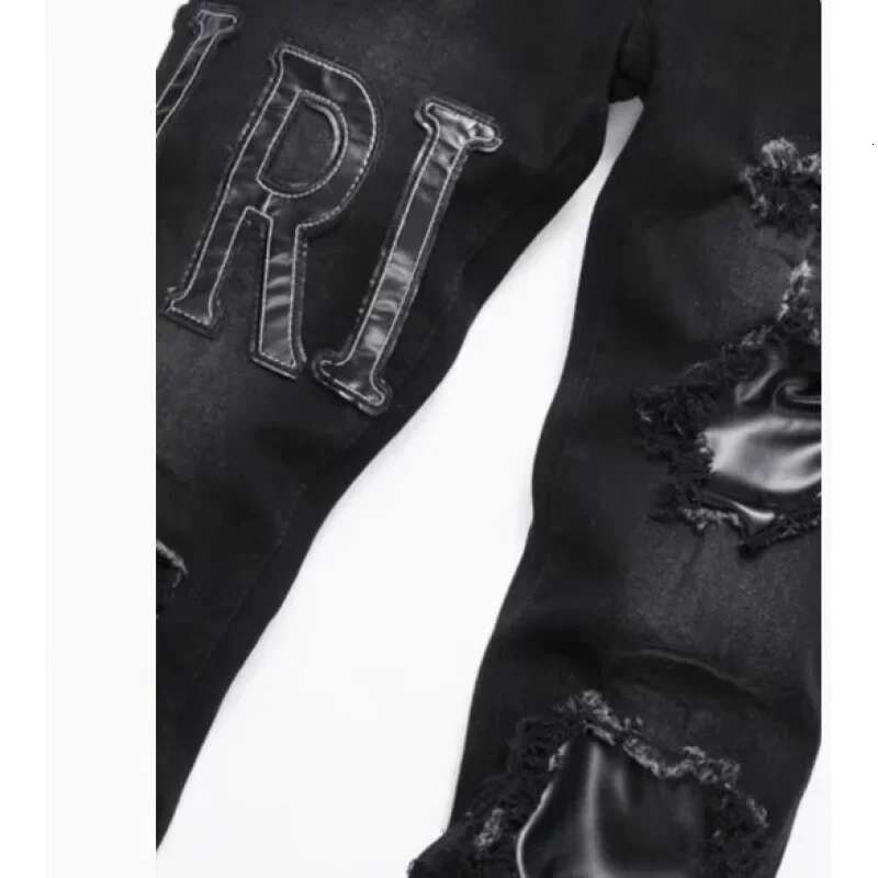 2025 Korean Embroidered Jeans With Pure Black Letter Pattern Fashion Designer Men s High Waist Slim Fit Elastic Denim Pants Tight Casual Pants